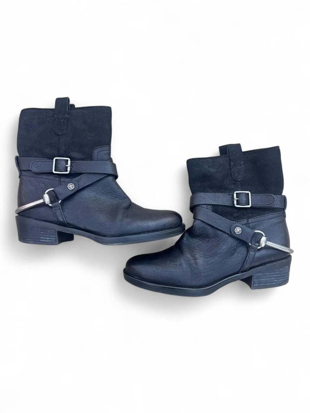 Franco Sarto Beacon Black Leather and Suede Harness Moto Boots